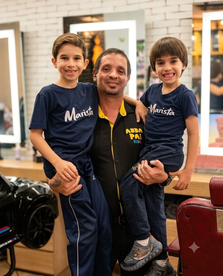 Barbeiro com dois irmãos no colo, uniformizados